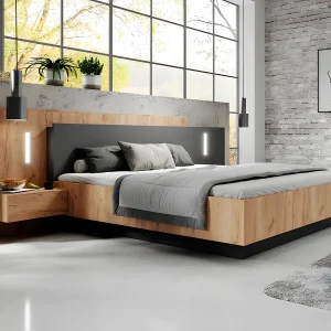 Bed met opbergruimte en nachtkastjes – 140 x 190 cm – 2 lades – Ledverlichting – Houtlook en antraciet – FRANCOLI Bed met opbergruimte en nachtkastjes – 140 x 190 cm – 2 lades – Ledverlichting – Houtlook en antraciet – FRANCOLI