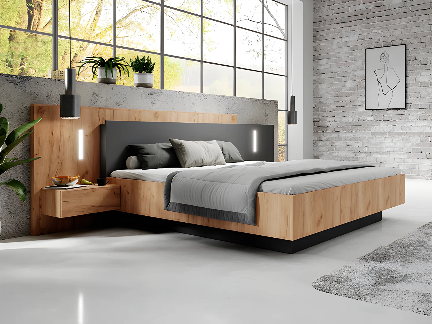Bed met opbergruimte en nachtkastjes - 140 x 190 cm - 2 lades - Ledverlichting - Houtlook en antraciet - FRANCOLI