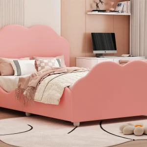 Bed met wolkvormig hoofdeinde 90 x 200 cm – fluweel – voor kinderen – roze kleur Bed met wolkvormig hoofdeinde 90 x 200 cm – fluweel – voor kinderen – roze kleur
