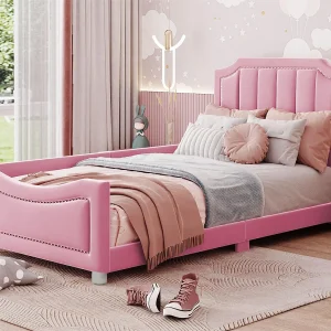 Bed met hoofdeinde – 90 x 200 cm – flanelstof – voor kind of baby – roze kleur
