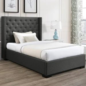 Bed 120 x 200 cm met hoofdbord met capitons van grijze stof – MASSIMO