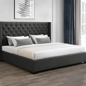 Bed 200 x 200 cm met hoofdbord met capitons van grijze stof – MASSIMO