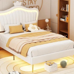 Bed met hoofdeinde 90 x 200 cm – imitatieleer – LED's – gouden metalen poten – voor kinderen – wit Bed met hoofdeinde 90 x 200 cm – imitatieleer – LED's – gouden metalen poten – voor kinderen – wit