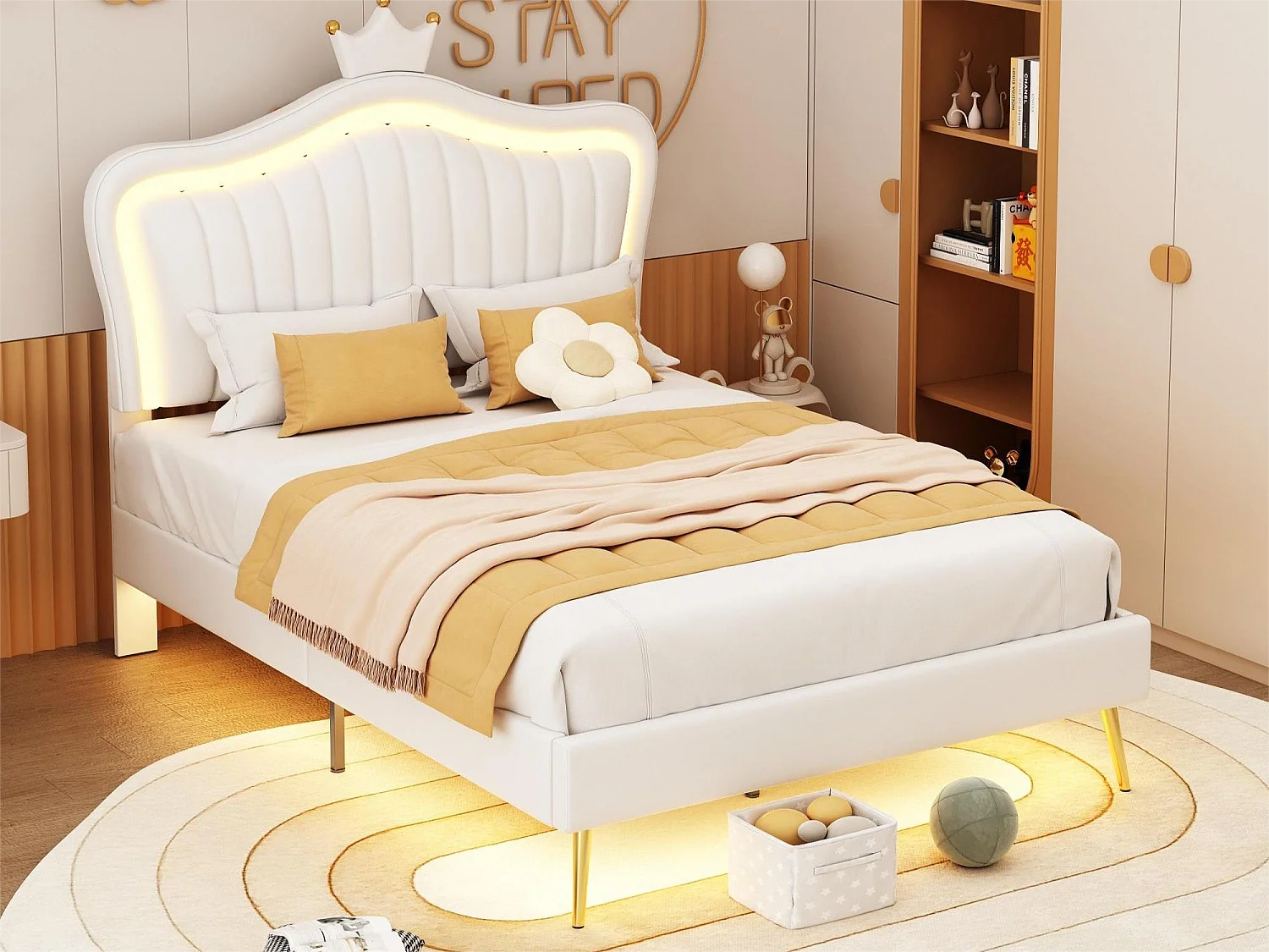 Bed met hoofdeinde 90 x 200 cm - imitatieleer - LED's - gouden metalen poten - voor kinderen - wit