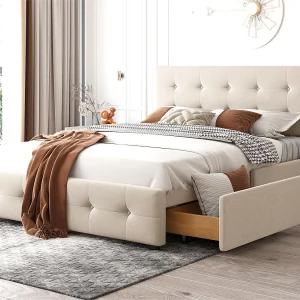 Bed met verstelbaar hoofdeinde en 4 opberglades – 140 x 200 cm – stof fluweel – lattenbodem – beige