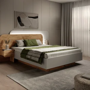 Bed met nachtkastjes 160 x 200 cm en ledverlichting, naturel en wit – DESADO