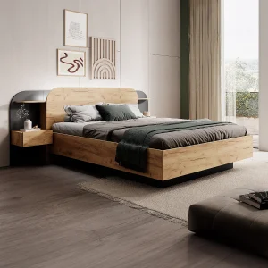 Bed met nachtkastjes – 160 x 200 cm – Met ledverlichting – Houtlook en wit – Met bedbodem – Met matras – JUVISIA