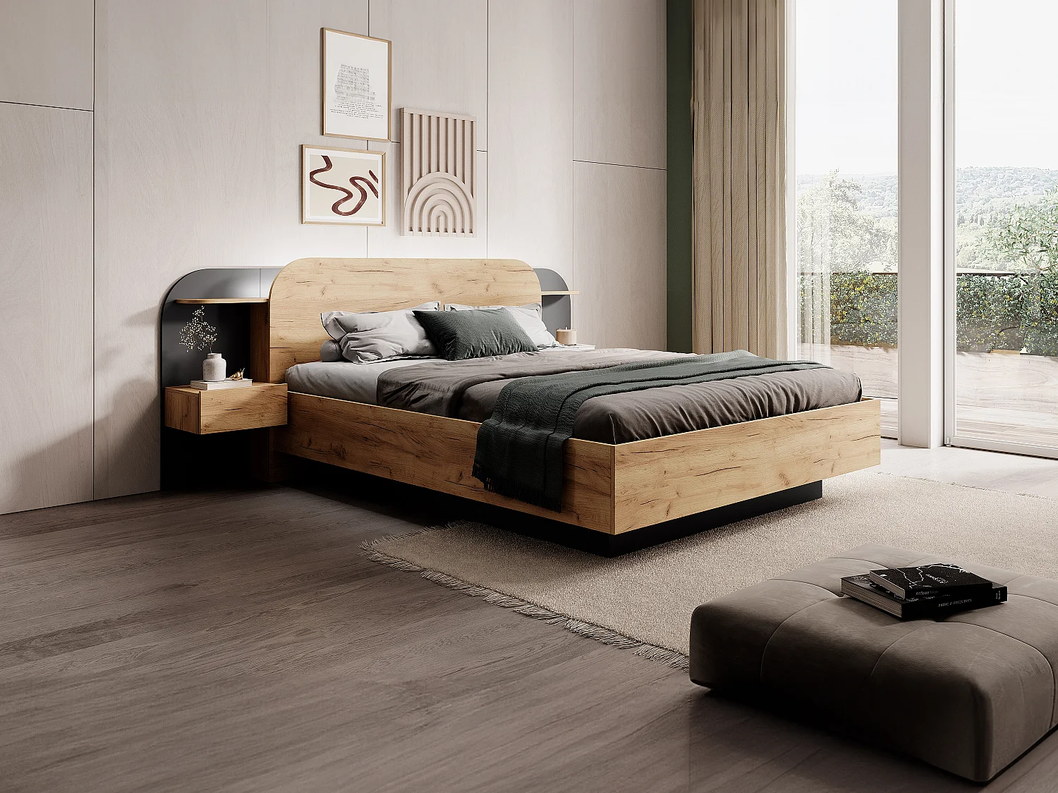 Bed met nachtkastjes – 160 x 200 cm – Met ledverlichting – Houtlook en wit – Met bedbodem – Met matras – JUVISIA