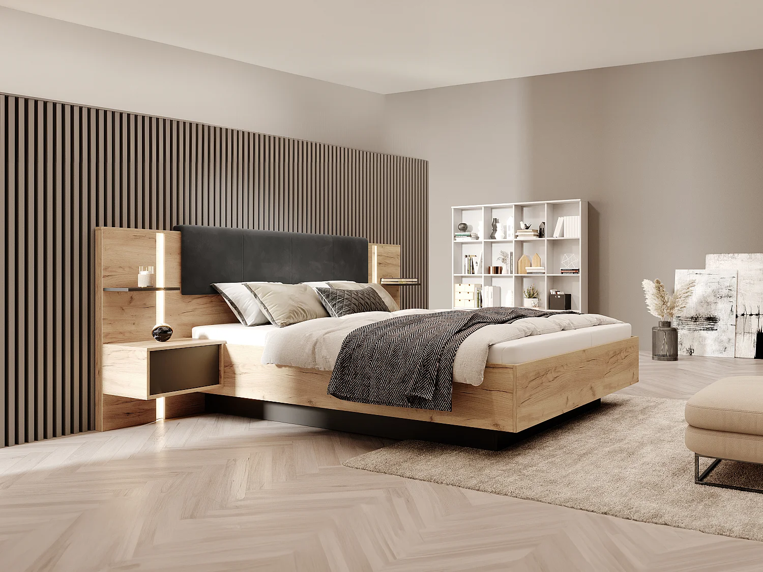 Bed met nachtkastjes - 140 x 190 cm - Met ledverlichting - Houtlook en antraciet - ELYNIA