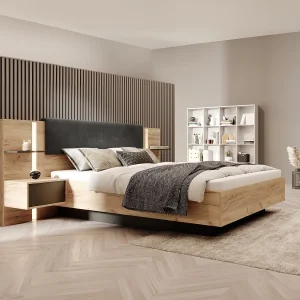 Bed met opbergruimte en nachtkastjes – 140 x 190 cm – Met ledverlichting – Houtlook en antraciet – ELYNIA Bed met opbergruimte en nachtkastjes – 140 x 190 cm – Met ledverlichting – Houtlook en antraciet – ELYNIA