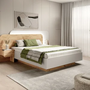 Bed met nachtkastjes – 160 x 200 cm – Met ledverlichting – Houtlook en wit – Met bedbodem – DESADO