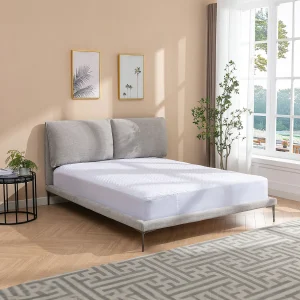 Bed 180 x 200 cm van gechineerd grijze stof + matras – RIMOTA Bed 180 x 200 cm van gechineerd grijze stof + matras – RIMOTA