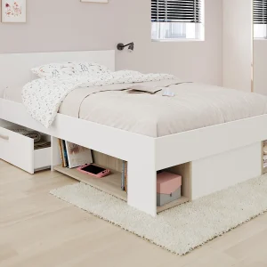 Bed met opbergruimte – 120 x 190/200 cm – Wit en houtlook – KINSELIA Bed met opbergruimte – 120 x 190/200 cm – Wit en houtlook – KINSELIA