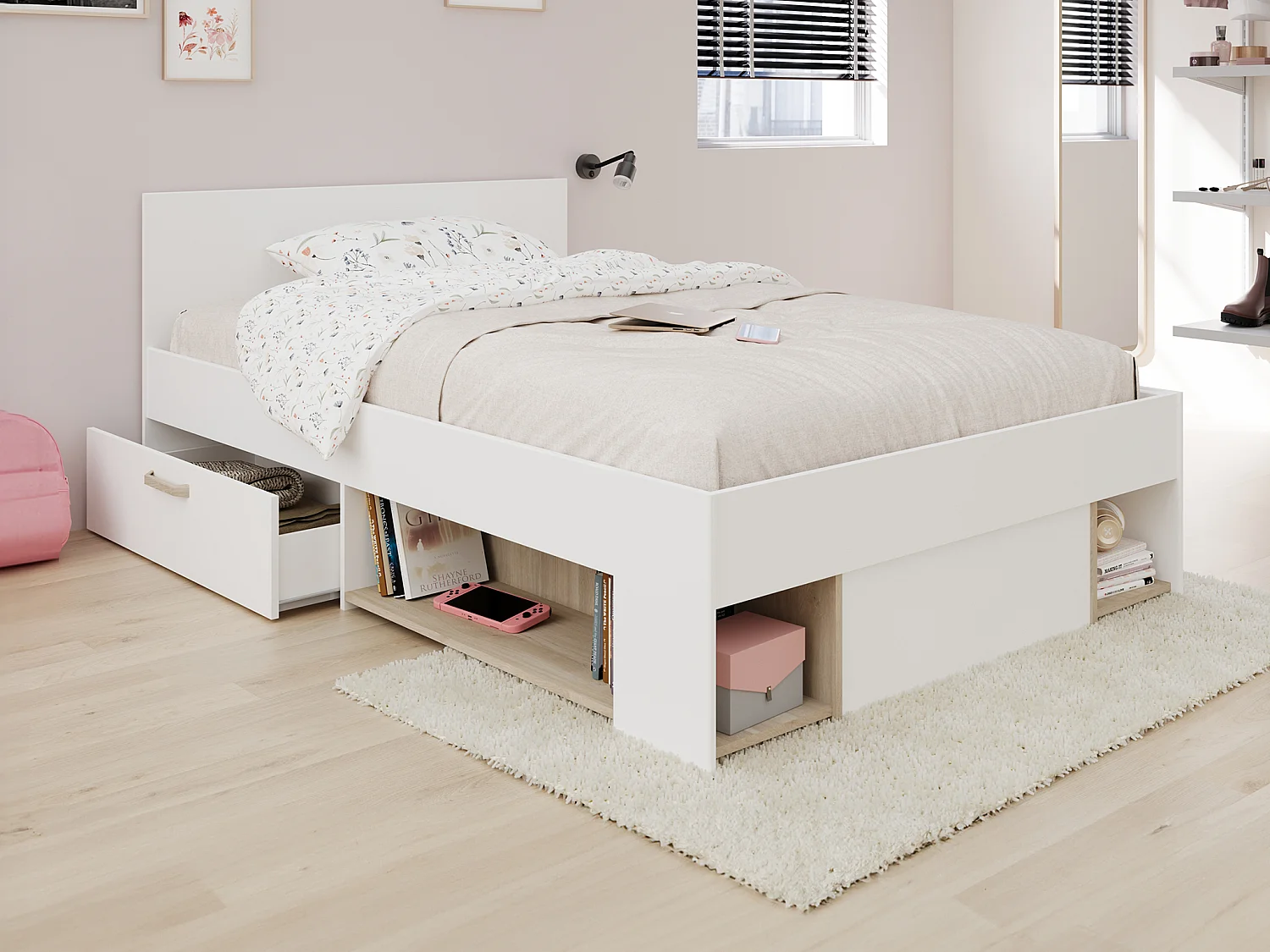 Bed met opbergruimte – 120 x 190/200 cm – Wit en houtlook – Met bedbodem – Met matras – KINSELIA