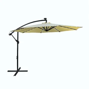 Tuinparasol MILIN met LED-verlichting / Zweefparasol Met Voet / Verstelbare Hoogte / UV-bescherming, Waterdicht / Beige / 300 x 300 x 245 cm