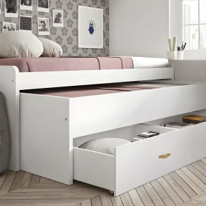 Bed + lades van witte spaanplaat met lattenbodems 90x200cm Bed + lades van witte spaanplaat met lattenbodems 90x200cm