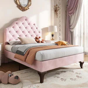 Bed met verstelbaar hoofdeinde voor kinderen – 90 x 200 cm – fluweel – Scandinavische stijl – roze