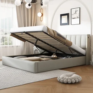 Binauraal opbergbed met verstelbaar hoofdeinde – 160 x 200 cm – PU leer – LED's en USB – Lattenbodem – Grijs Binauraal opbergbed met verstelbaar hoofdeinde – 160 x 200 cm – PU leer – LED's en USB – Lattenbodem – Grijs