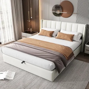 Binauraal opbergbed met verstelbaar hoofdeinde – 180 x 200 cm – PU leer – LED's en USB – Lattenbodem – Wit Binauraal opbergbed met verstelbaar hoofdeinde – 180 x 200 cm – PU leer – LED's en USB – Lattenbodem – Wit