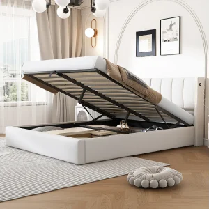 Binauraal opbergbed met verstelbaar hoofdeinde – 160 x 200 cm – PU leer – LED's en USB – Lattenbodem – Wit Binauraal opbergbed met verstelbaar hoofdeinde – 160 x 200 cm – PU leer – LED's en USB – Lattenbodem – Wit