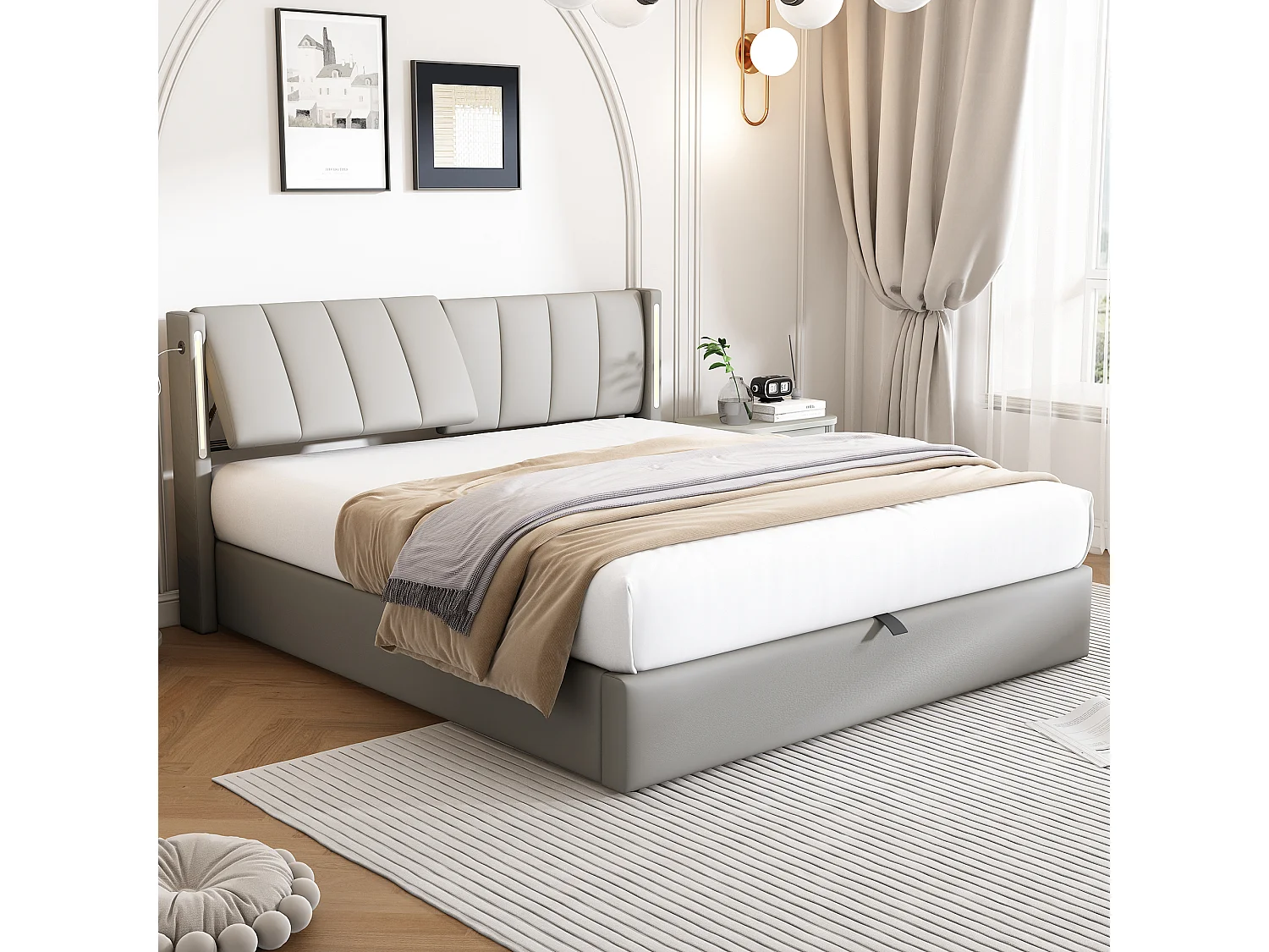 Binauraal opbergbed met verstelbaar hoofdeinde - 140 x 200 cm - PU leer - LED's en USB - Lattenbodem - Grijs