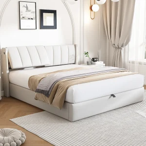Binauraal opbergbed met verstelbaar hoofdeinde – 140 x 200 cm – PU leer – LED's en USB – Lattenbodem – Wit Binauraal opbergbed met verstelbaar hoofdeinde – 140 x 200 cm – PU leer – LED's en USB – Lattenbodem – Wit
