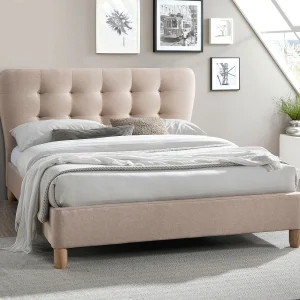 Bed 160 x 200 cm met hoofdbord met capitons van beige stof + matras – ELIDE