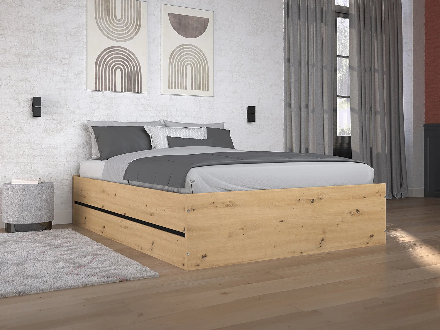 Bed met opbergruimte 140 x 190 cm in houtlook en zwart - LUDARO