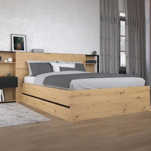 Bed met opbergruimte en nachtkastjes 140 x 190 cm in houtlook en zwart + matras – LUDARO Bed met opbergruimte en nachtkastjes 140 x 190 cm in houtlook en zwart + matras – LUDARO