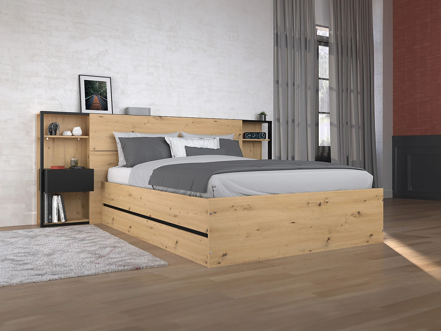 Bed met opbergruimte en nachtkastjes 140 x 190 cm in houtlook en zwart + matras - LUDARO