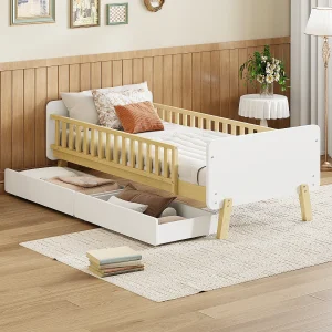 Bed met hoofdeinde 90 x 190 cm met 2 lades – Massief hout – Lattenbodem – Wit + eikenkleur Bed met hoofdeinde 90 x 190 cm met 2 lades – Massief hout – Lattenbodem – Wit + eikenkleur