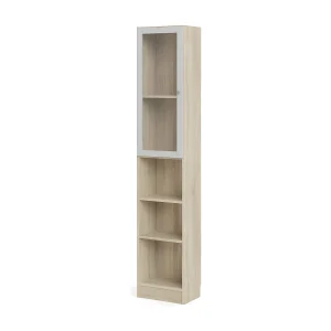Base wandkast 1 glazen deur en 2 planken eiken structuur decor, wit.