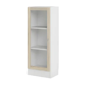 Base wandkast 1 glazen deur wit, eiken structuur decor.