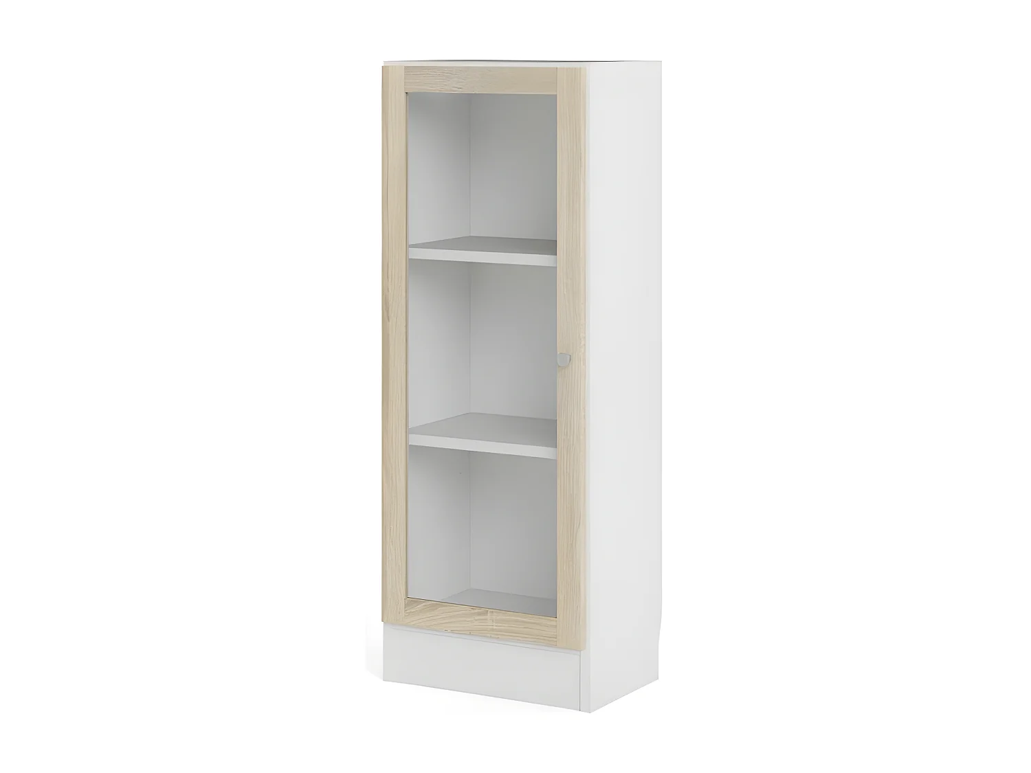 Base wandkast 1 glazen deur wit, eiken structuur decor.