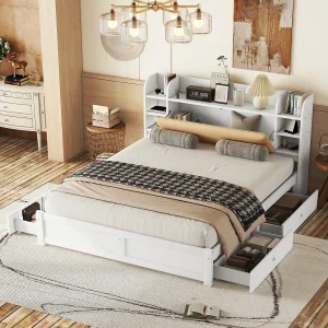 Bed 180 x 200 cm met hoofdeinde en 4 lades – MDF-hout – moderne stijl – wit Bed 180 x 200 cm met hoofdeinde en 4 lades – MDF-hout – moderne stijl – wit