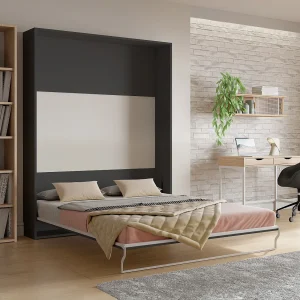 Bedkast 160 x 200 cm, verticale opening, donkergrijs en houtlook – MALINA II Bedkast 160 x 200 cm, verticale opening, donkergrijs en houtlook – MALINA II