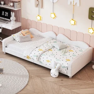 Bed 90×200 cm – Slaapbank met rugleuning en armleuningen – Houten lattenbodem – Pluche wit