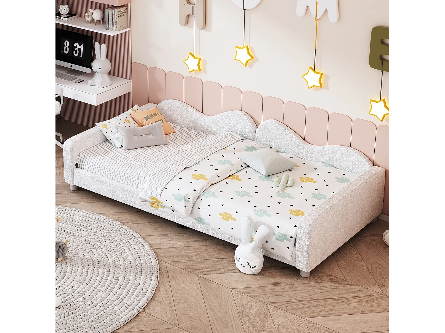 Bed 90x200 cm - Slaapbank met rugleuning en armleuningen - Houten lattenbodem - Pluche wit