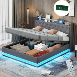 Bed met opbergruimte 160×200 cm – grijs linnen – tweepersoonsbed met USB-oplader en ledverlichting – zonder matras Bed met opbergruimte 160×200 cm – grijs linnen – tweepersoonsbed met USB-oplader en ledverlichting – zonder matras