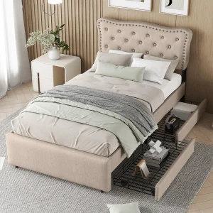 Bed 90×200 cm – donkerbeige linnen – kinderbed met verstelbaar hoofdbord en 2 lades – zonder matras Bed 90×200 cm – donkerbeige linnen – kinderbed met verstelbaar hoofdbord en 2 lades – zonder matras