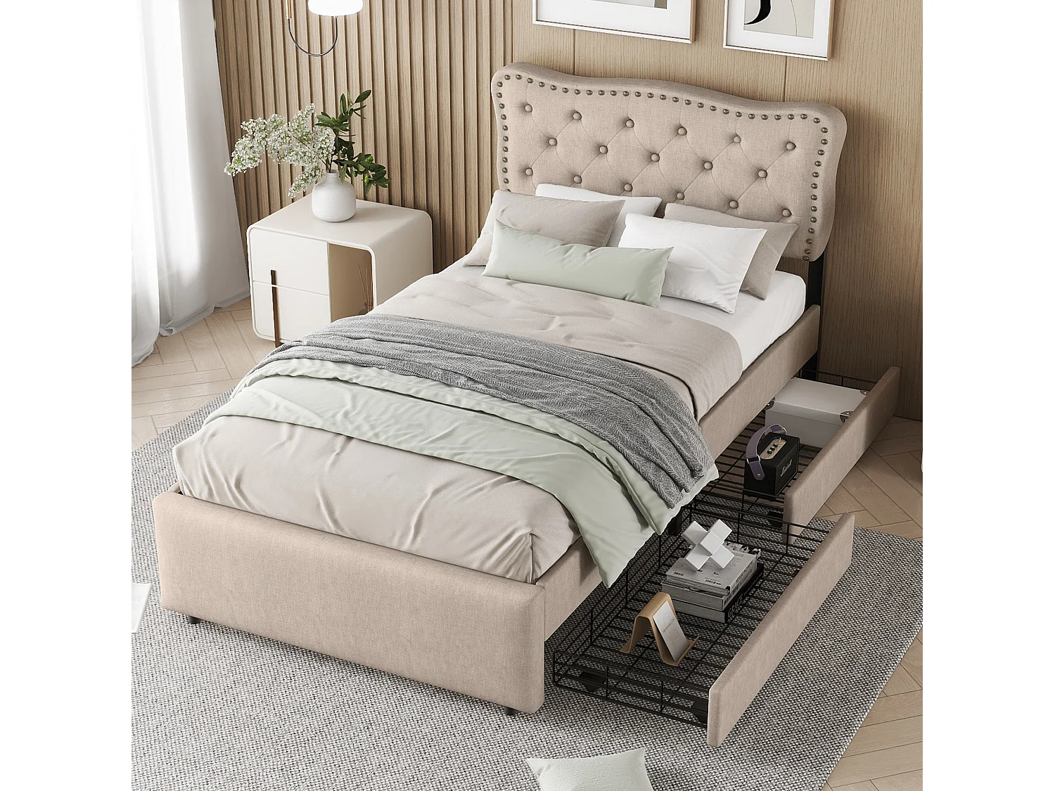 Bed 90x200 cm - donkerbeige linnen - kinderbed met verstelbaar hoofdbord en 2 lades - zonder matras