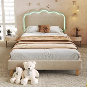 Bed 90×190 cm – Kinderbed met verstelbaar hoofdeinde en lattenbodem – LED-verlichting – beige linnen Bed 90×190 cm – Kinderbed met verstelbaar hoofdeinde en lattenbodem – LED-verlichting – beige linnen