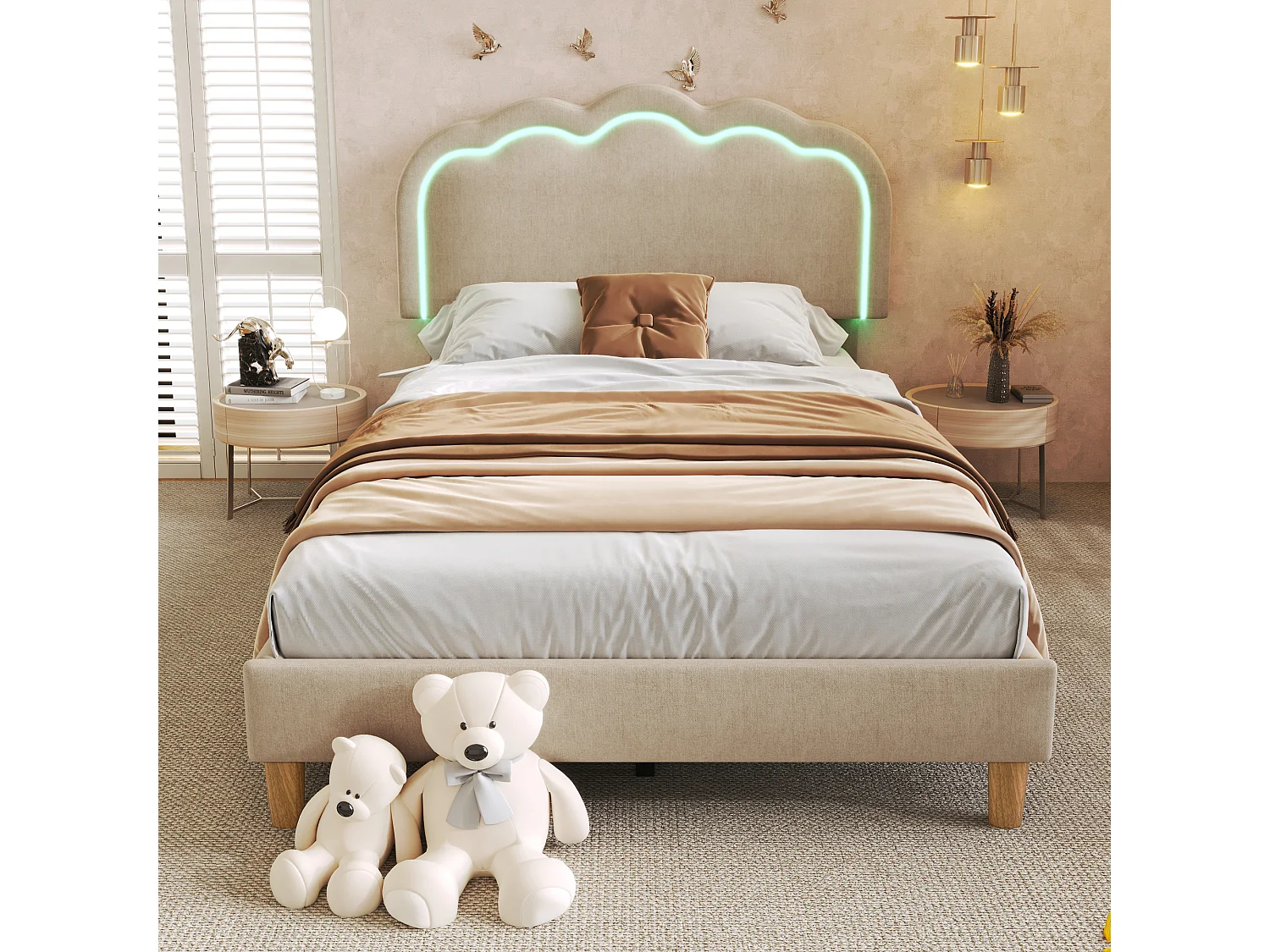 Bed 90x190 cm - Kinderbed met verstelbaar hoofdeinde en lattenbodem - LED-verlichting - beige linnen