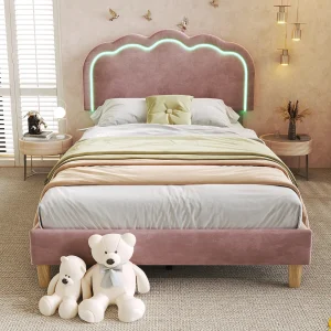 Bed 90×190 cm – Kinderbed met verstelbaar hoofdeinde en lattenbodem – LED-verlichting – Roze fluweel Bed 90×190 cm – Kinderbed met verstelbaar hoofdeinde en lattenbodem – LED-verlichting – Roze fluweel