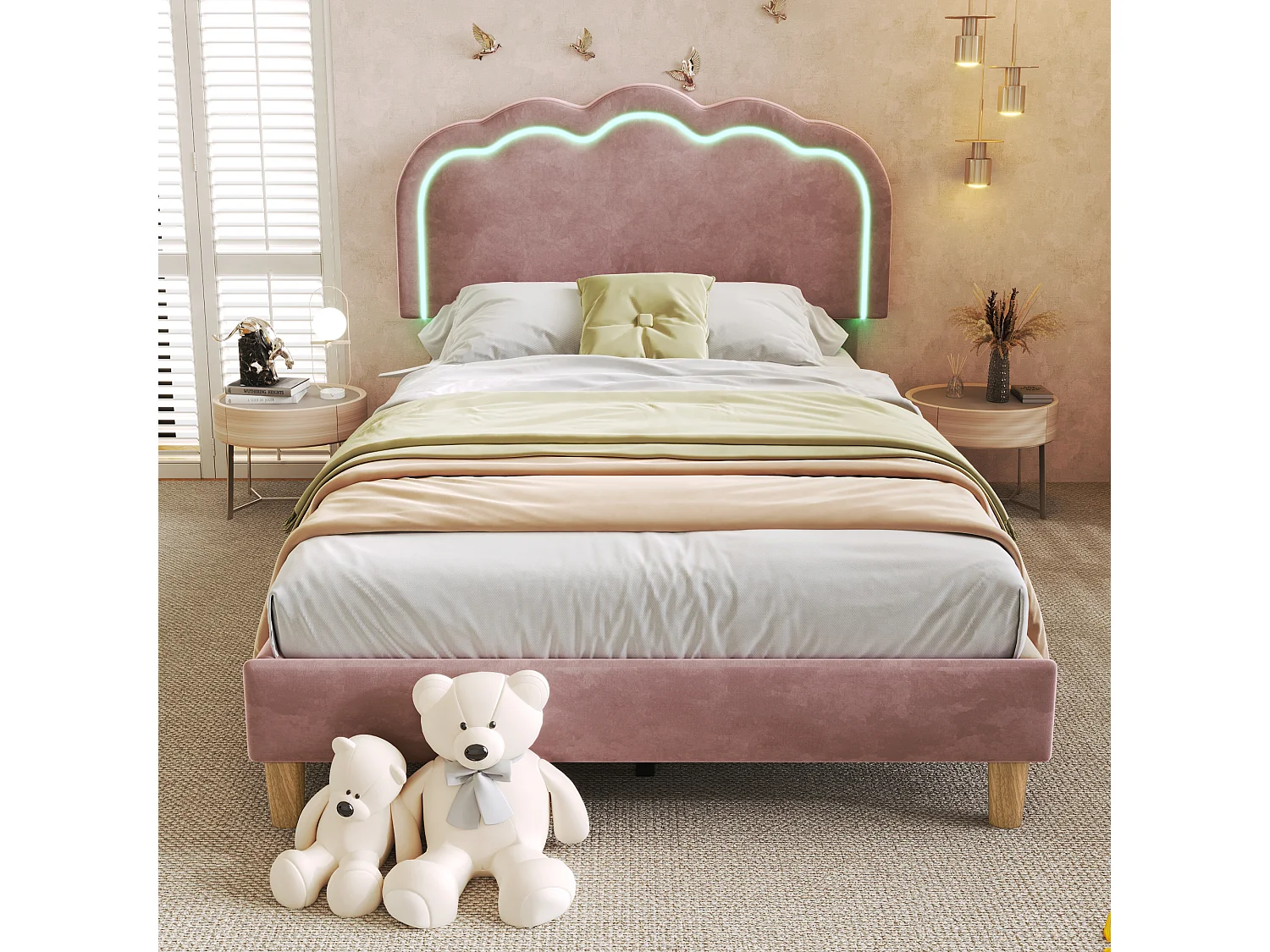 Bed 90x190 cm - Kinderbed met verstelbaar hoofdeinde en lattenbodem - LED-verlichting - Roze fluweel