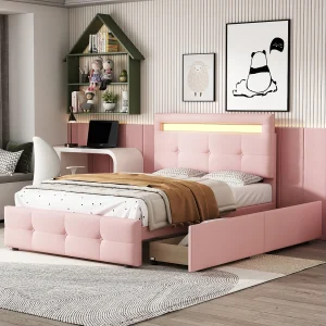 Bed 90×200 cm – Kinderbed met ledverlichting en opberglades – roze linnen – zonder matras