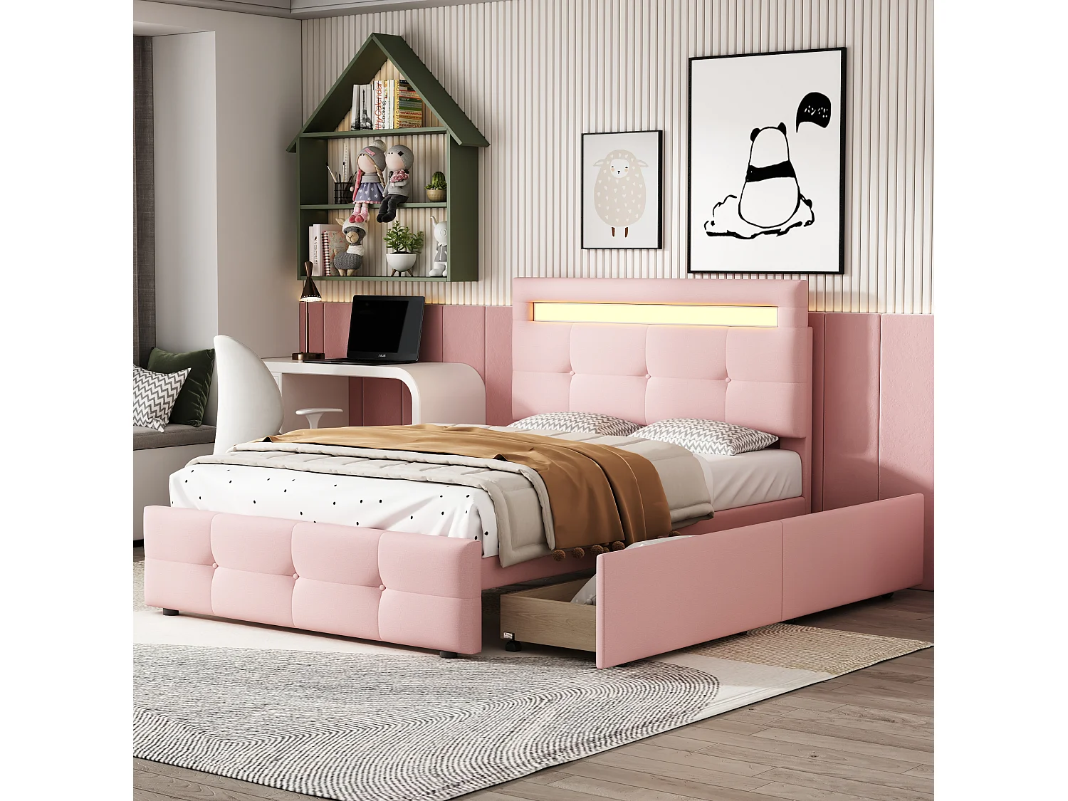 Bed 90x200 cm - Kinderbed met ledverlichting en opberglades - roze linnen - zonder matras