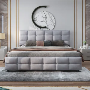 Bed 180×200 cm – grijze fluwelen stof – volwassen bed met 4 lades en lattenbodem – zonder matras