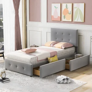 Bed 90×200 cm – Eenpersoonsbed met 2 lades en lattenbodem – Grijs fluweel – Zonder matras Bed 90×200 cm – Eenpersoonsbed met 2 lades en lattenbodem – Grijs fluweel – Zonder matras