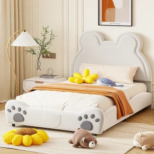 Bed 140×200 cm – wit fluweel – kinderbed met berenmotief hoofdbord en lattenbodem – zonder matras Bed 140×200 cm – wit fluweel – kinderbed met berenmotief hoofdbord en lattenbodem – zonder matras